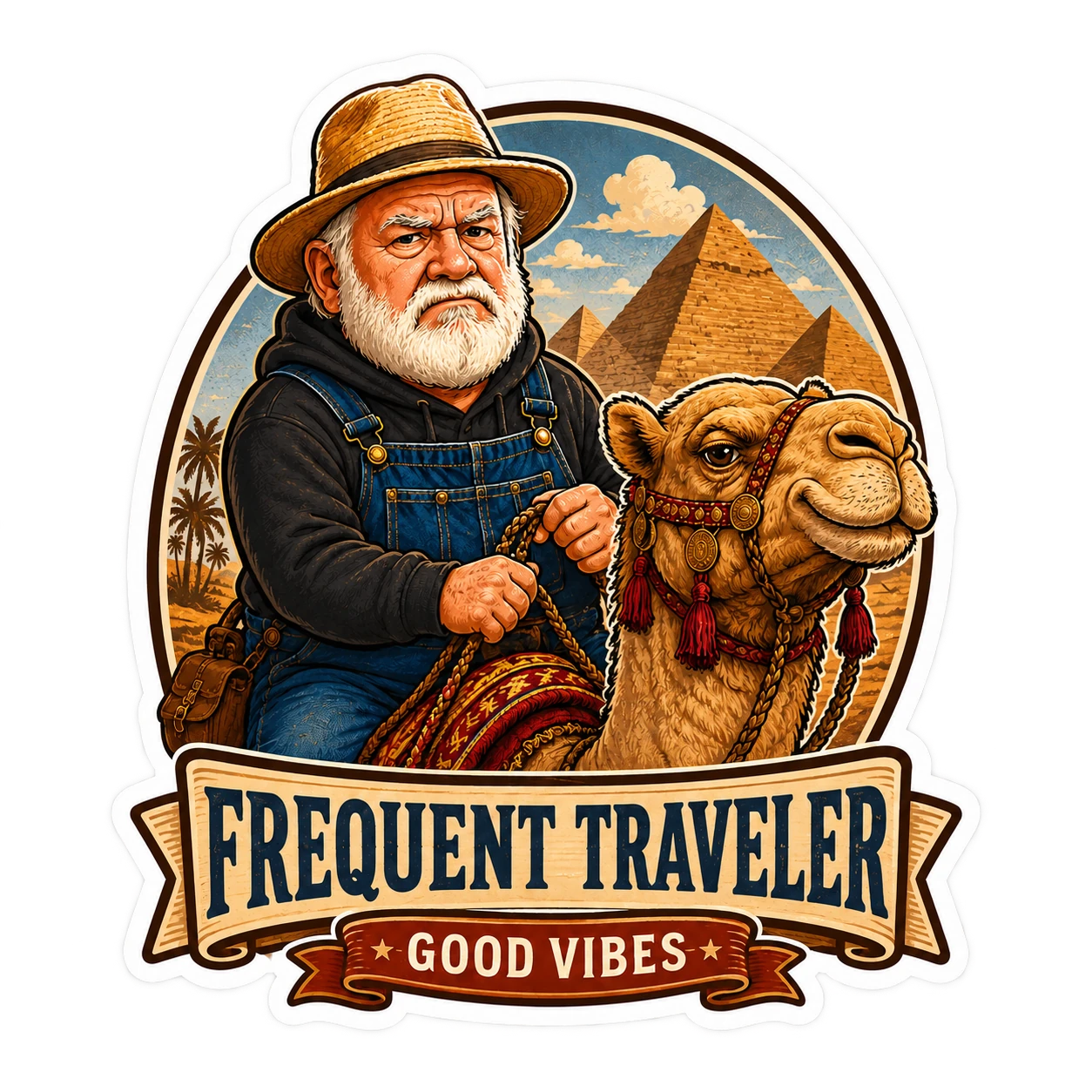 Happy riding a camel with pyramids behind him, labeled Frequent Traveler and Good Vibes