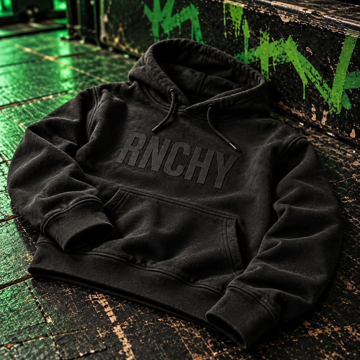 Black RNCHY hoodie casually resting on a scuffed stage with green graffiti; concept rendering