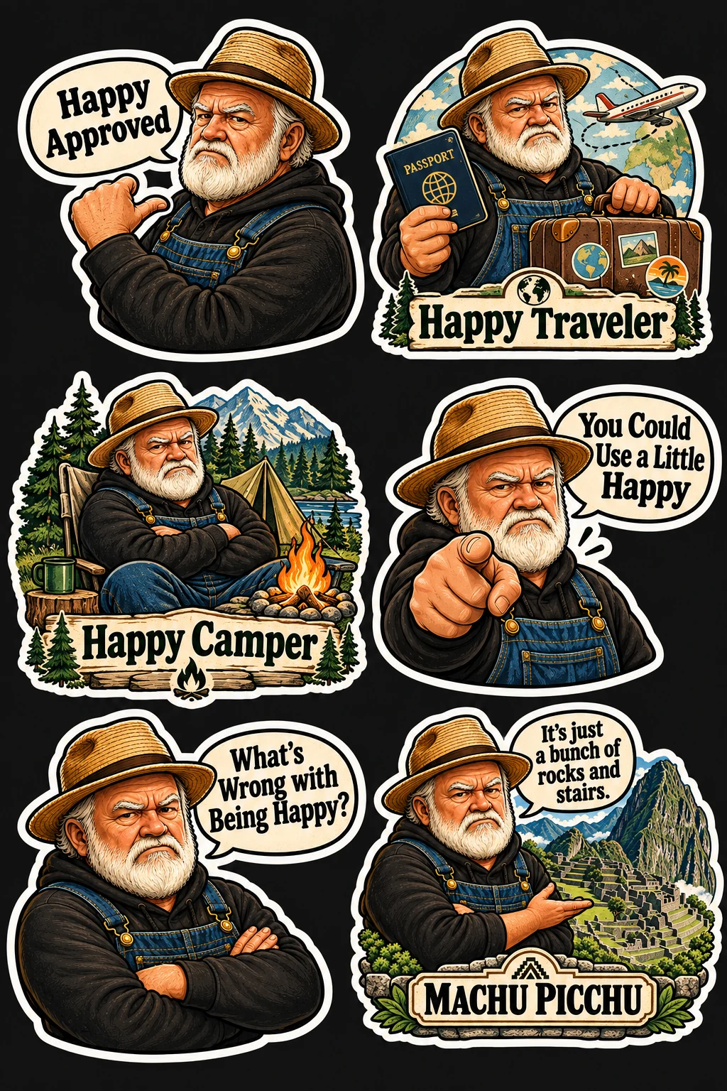 Six illustrated Happy sticker concepts: Happy Approved, Happy Traveler, Happy Camper, You Could Use a Little Happy, What's Wrong with Being Happy, and Machu Picchu
